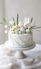 Easter cake decorated with spring flowers, sugar eggs and small rabbit figurine, pastel colored gentle and light festive dessert with floral arrangements, AI generated photo