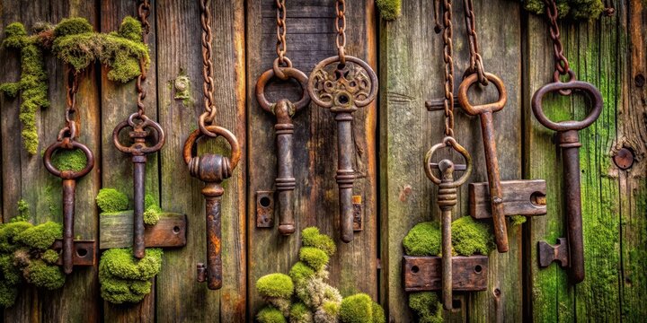A set of old keys hanging from a rusty padlock on a weathered wooden wall, with intricate carvings and moss growing around it