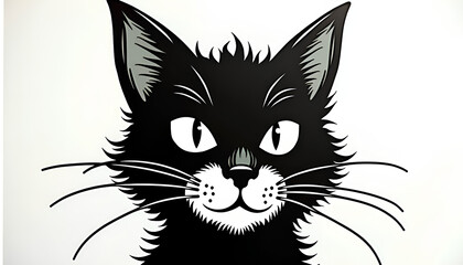 Obraz premium Black cat face illustration on a white background for pet and design concepts, copy space