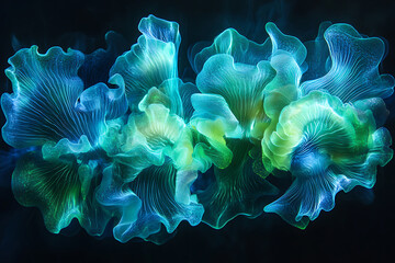 Vibrant abstract swirls of blue and green colors creating a mesmerizing visual display in a dark background