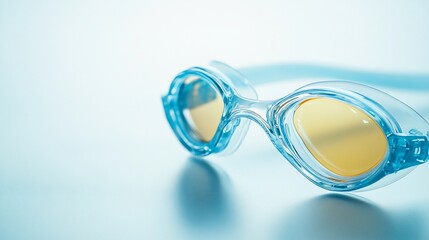 Fototapeta premium Clear swimming goggles on blue background, aquatic sports, underwater vision