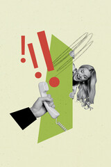 Vertical art banner collage of happy girl peek telephone handset important call conversation helpline telemarketing exclamation