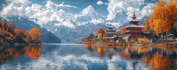 Incredible Himalayas. Spectacular vista from the lakeside at the base of the majestic Annapurna mountain range © Bundi