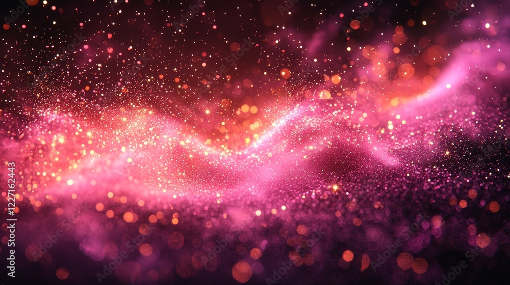 Poster golden bokeh particles and highlights superimposed on a dark background create a festive abstract ch