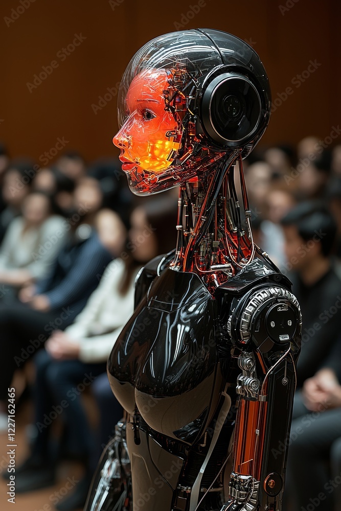 Poster 3. vertically oriented, a futuristic robot speaks to a group, whose absorbed listeners have blurred 
