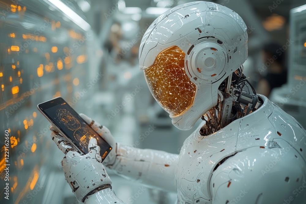 Aufkleber a man is conversing with a robot, which serves as a digital chat bot and conversation assistant