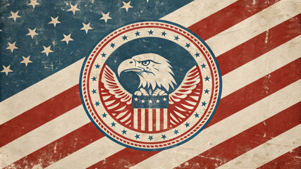 A vintage-style image featuring a bald eagle with wings spread, a shield, and a circle of stars on a distressed American flag background