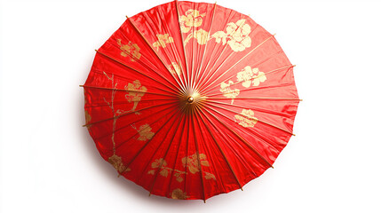 A vibrant red Chinese parasol with gold accents, artistically positioned on a clean white background with soft lighting.