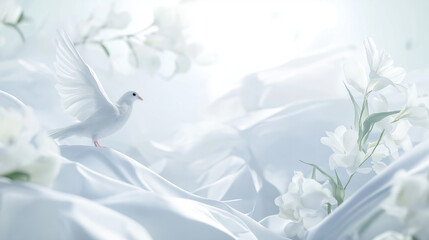 Obraz premium White dove and flowers in soft light, white swan on the water 