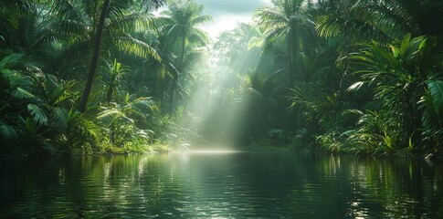 Obraz premium Serene enchanted woodlands captured in the gentle morning sunlight filtering through a forest and shimmering in a tranquil river, an ideal nature landscape and scenic collection