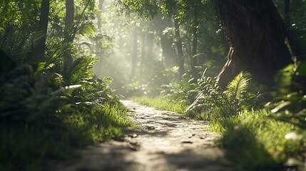 Obraz premium Sunlit jungle path, lush foliage, mist, adventure game background