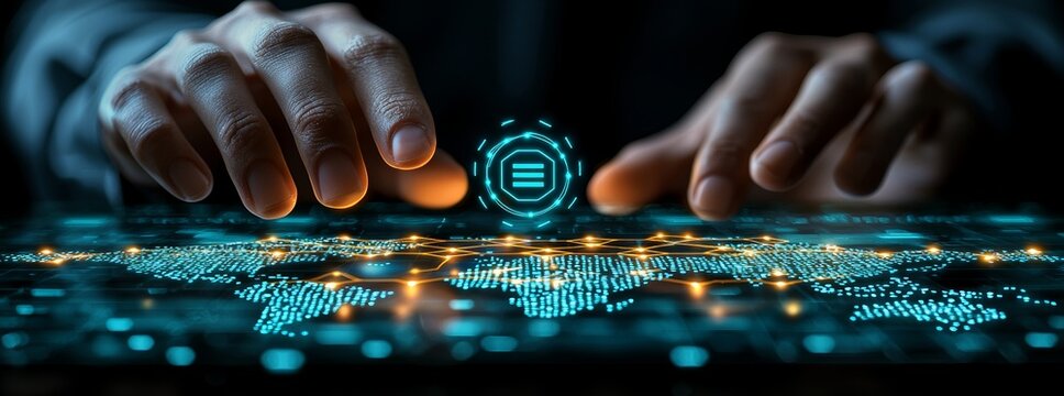 In a global business network, a businessman touches chatbots and internet technology on a virtual interface to boost customer interactions and drive efficiency