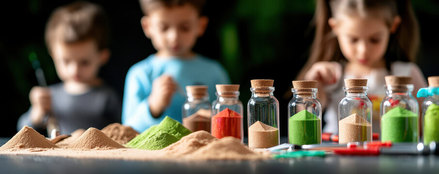 Kids creating colorful sand art in glass bottles at activity table