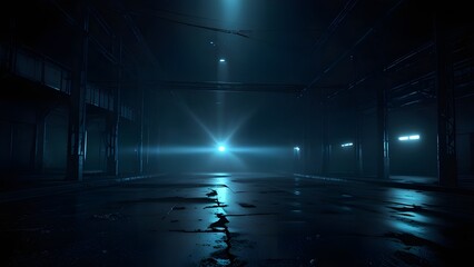 Dark empty scene, blue neon searchlight light, wet asphalt, smoke, night view, rays. Generative AI