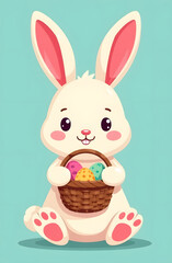 Cute Easter bunny sitting with a basket of colored eggs. Easter card, illustration.