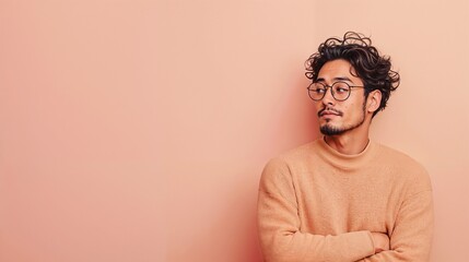 Young man in glasses wearing peach sweater standing against pink wall.
