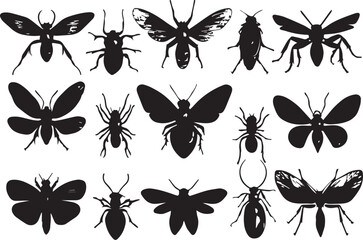 A set of insects silhouettes for flat design. Hand drawn vector illustration