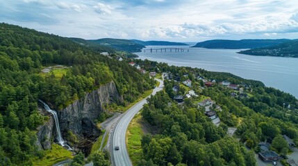 Coastal Highway Waterfall Norway Fjord Aerial View