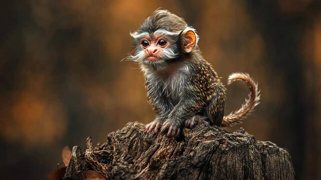 Small monkey sits on a tree stump in a forest during the early morning light