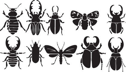 A set of insects silhouettes for flat design. Hand drawn vector illustration