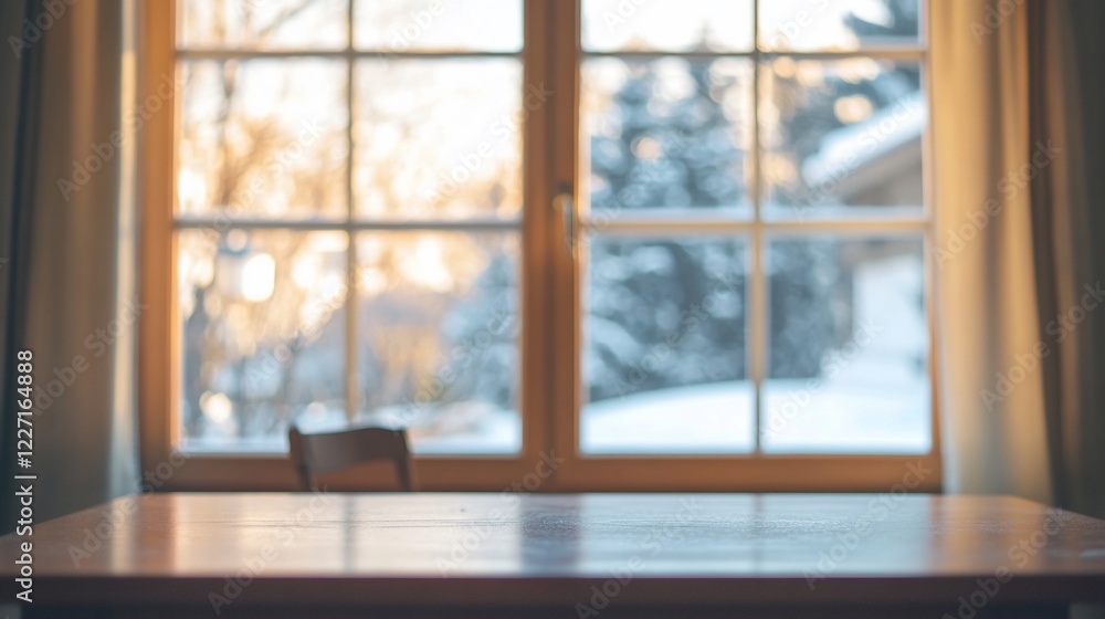Poster a wooden table in front of a window showing a winter scene, bokeh effect