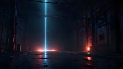 Dark empty scene, blue neon searchlight light, wet asphalt, smoke, night view, rays. Generative AI