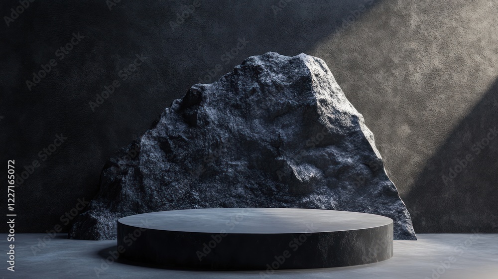 Poster Dark Monochromatic Minimalist Studio Scene with Rock and Platform