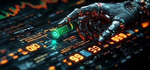 Cryptocurrency trading concept illustrated by a financial robot analyzing stocks on a Japanese candlestick chart