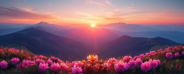 panoramic scene, blooming pink rhododendron flowers, amazing panoramic nature scenery