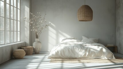 Sunlit minimalist bedroom, woven decor, calm