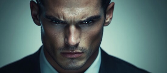 Intense businessman portrait, studio shot, dark background, advertising