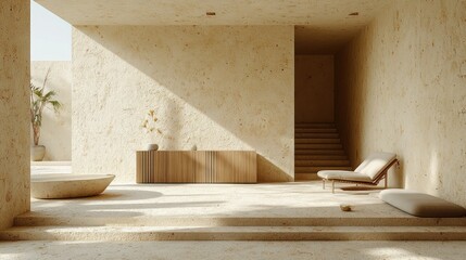 Sunlit minimalist interior; lounge chair, stone, wood