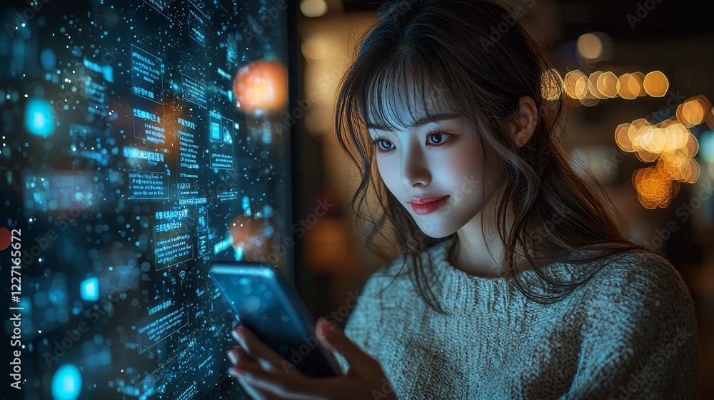 Poster an asian person uses their mobile phone to shop online happily from home, interacting with an ai sto
