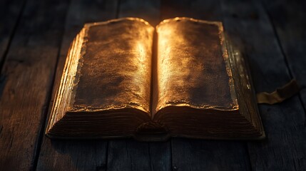 Obraz premium Glowing ancient book open on dark wood table