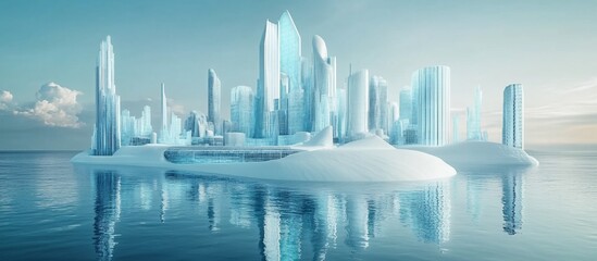 Fototapeta premium Frozen city skyline on arctic island; calm ocean, cloudy sky; climate change concept