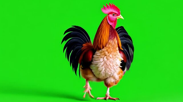 Rooster in Green Screen: A vibrant rooster with a bright red comb and striking plumage walks confidently against a vibrant green screen, ready to be superimposed into any background.   