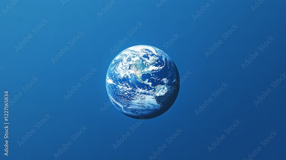Poster a serene digital rendering of earth floating against a vast blue gradient background highlighting pl