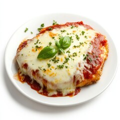 A traditional chicken parmigiana with marinara sauce and melted mozzarella, isolated white background, impressionist art style