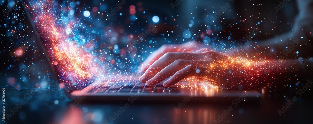 Poster close-up of a businessman's hand operating a computer, encapsulated in a futuristic cyber space that