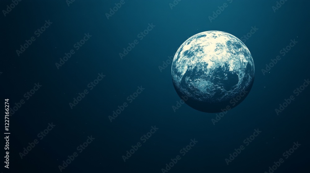 Poster a serene view of a distant planet with its textured surface in deep space with subtle stars