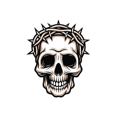 Create a vector image of a human skull adorned with a crown of thorns, detailed and intricate design, suitable for a gothic or dark fantasy aesthetic.