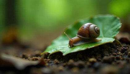 Snail resting on a damp leaf in the forest floor, wild, tiny, natural
