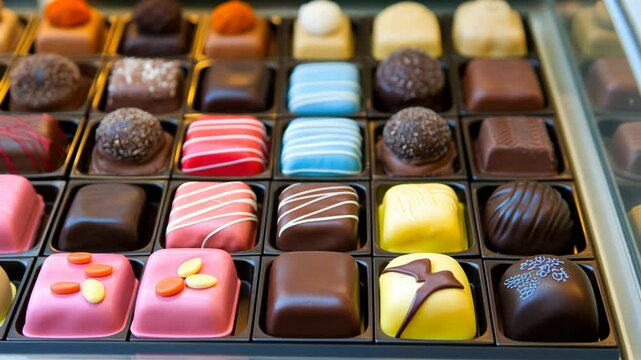 Assortment of artisanal chocolates displayed in a shop showcasing various flavors and designs