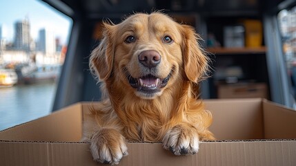 Fototapeta na wymiar The journey of a family with kids and pets as they settle into a new home is illustrated. A sweet dog is seen relaxing in a cardboard box. The theme encompasses moving to a new home, the excitement