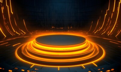 Futuristic Orange Platform, Digital Background, Empty Stage, Product Display