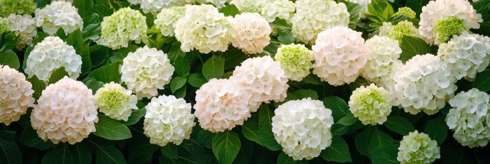 Lush cluster of white and green hydrangea blossoms surrounded by vibrant leaves
