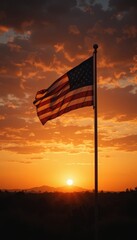 Obraz premium Silhouette of an American flag pole against a glowing sunset sky, with ample open space in the background for copy, warm and dramatic lighting enhancing the patriotic atmosphere, Generative AI