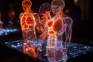 Futuristic representation of human anatomy with glowing organs in a science exhibit
