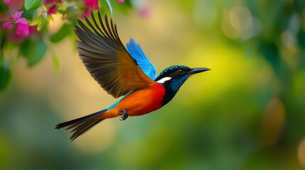 Colorful bird in flight, vibrant garden, nature, poster