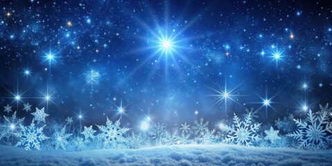 Obraz premium Frosty winter landscape with sparkling snowflakes and twinkling stars in a dark blue sky
